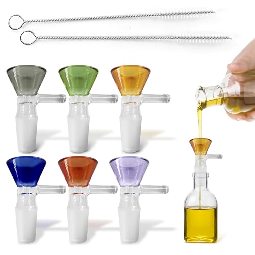6-Pack 14mm Glass Funnel with Handle – Colored Tops, Ergonomic Handle for Kitchen & DIY Use, Easy Pouring – Thick Spill-Resistant Glass Funnels for Liquids and Oils, 2 Cleaning Brushes for Easy Clean