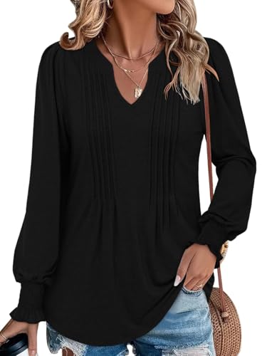 BETTE BOUTIK Long Sleeve Shirts for Women Fall Tops Dressy Blouses Pleated V Neck Tunic Tops for Leggings S-3XL