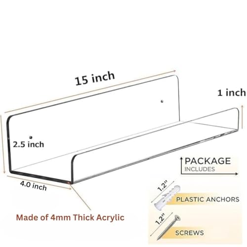 Image of 15 inch Clear Acrylic Floating Shelves | Invisible Wall-Mounted Display | Perfect for Bedroom, Living Room, Bathroom, Office | Easy Installation (2)