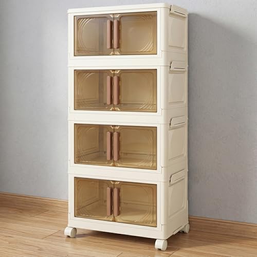 Klass Home Collection Stackable Storage Boxes With Lids 4-Tier 23L/Tier Plastic Storage Drawers on Wheels 1 Lid Cabinet Storage Unit With Drawers For Home Bedroom Kitchen Bathroom (4 x 23L/Tier)