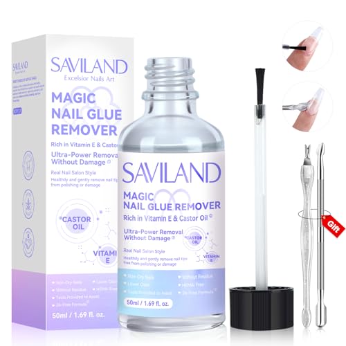 SAVILAND Brush-On Nail Glue Remover for Press Ons with Pusher, 50 mL