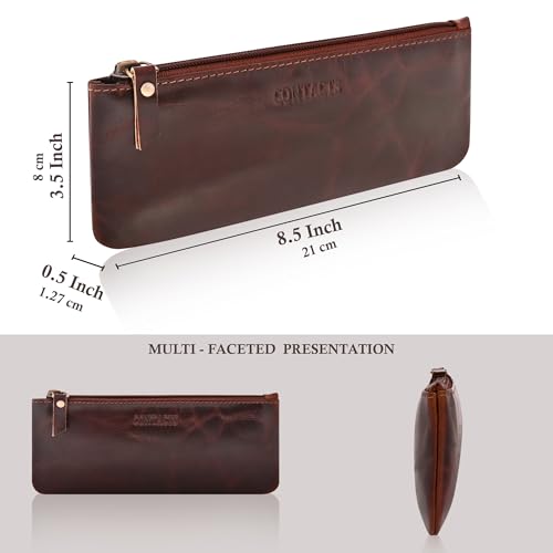 Image of CONTACTS Genuine Leather Small Pouch Multipurpose Utility Bag Zipper Pencil Pouches Holder Aesthetic for Adults Men Women Boys Coin Purse Money I Pen I Key I Tool Jewelry Bag - Brown