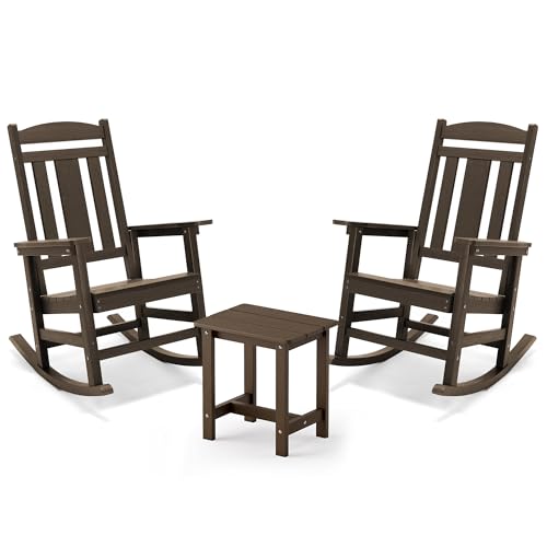 LUE BONA Outdoor Rocking Chairs Set, 3-Piece, Poly Porch Rockers with Table, Plastic Weather Resistant Rocking Chair Set for Outdoor Indoor, Garden, Backyard, 350lb, Brown, Chairs+Table