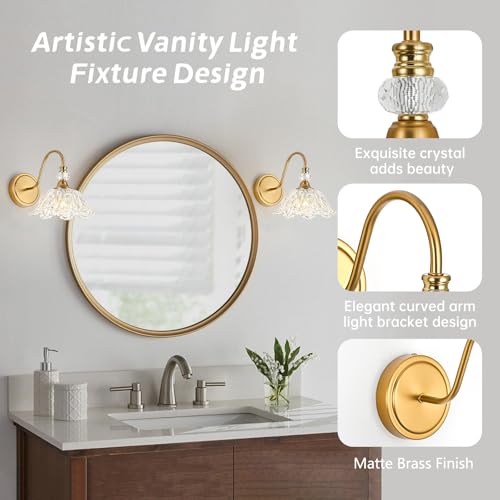Image of 1 Piece Vintage Wall Sconce with Floral Clear Glass Shade, Matte Brass Finish Wall Mount Lighting for Bathroom,Vintage Bathroom Vanity Light Fixtures