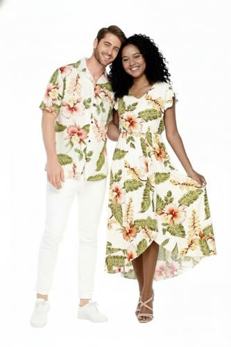 Image of Matchable Couple Hawaiian Shirt or Wrap Dress Signature Prints Rafelsia | Sold Individually; Soft Rayon Fabric; Lightweight Comfort; Signature Tropical Prints; Vacation Ready