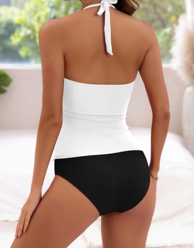 Image of B2prity Halter Tankini Swimsuit for Women Tummy Control Two Piece Bathing Suit V Neck Swimwear with Shorts