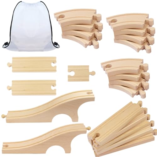 Mirthben Coffret d‘Extension de Rails en Bois 22 pièces pour Circuit de Train - Train Jeu en Enfant 3 Ans et Plus - Pièces Droites et Courbes en Bois de...