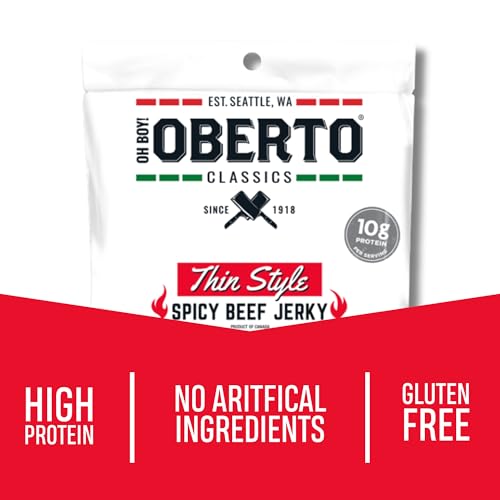 Image of Oberto Classics Thin Style Beef Jerky, Spicy Flavor, No Artificial Ingredients, High Protein, Gluten Free, Wood Smoked, Premium Steak Beef Jerky High Protein Snacks, 2.2 Ounce (Pack of 8)