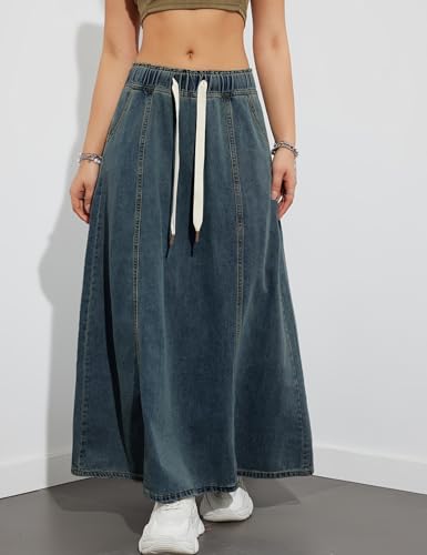 Perbai Womens Long Denim Skirt Elastic High Waist A Line Loose Maxi Jean Skirt with Pockets4