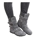 Women's Winter Snow Boots Zipper Buckles Strap Warm Ankle Mid Flat Boot (Gray, 6.5-7)