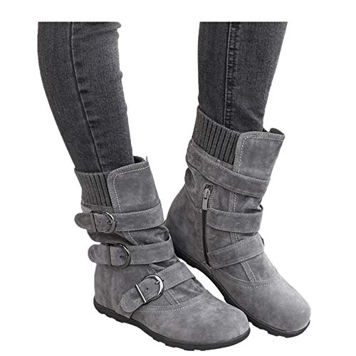 Women's Winter Snow Boots Zipper Buckles Strap Warm Ankle Mid Flat Boot (Gray, 6.5-7) #TOP12