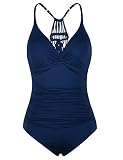 Hilor Women's Shirred Halter One Piece Swimsuits Macrame Back Swimwear Solid Bathing Suit Navy 12