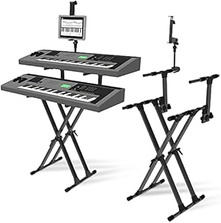 IA Stands ECT12 double keyboard stand for one or two music keyboards. The strong Double X frame includes tablet/phone/ipad mount for using apps such as midi, tuner etc. A fine 2 tier keyboard stand!