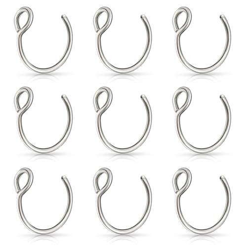Lusofie 9Pcs Fake Nose Rings Fake Nose Ring Hoop Stainless Steel Nose Hoop for Faux Lip Septum Nose Ring Set
