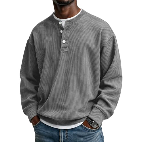 Corduroy Henley Shirts for Men Long Sleeve Casual Pullover Fall Shirt