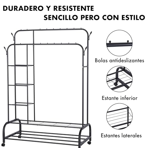 Miniatura 4 de Perchero Burro Doble Con Estructura De Metal Resistente, Estantes Laterales, Zapatero Inferior Y Ruedas Giratorias Organizador Móvil Ideal Para Ropa, Zapatos En Dormitorio O Vestidor Negro