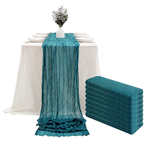 DOLOPL 8PCS Teal Cheesecloth Table Runner Bulk 13.3ft Boho Gauze Cheese Cloth Table Runner Rustic Sheer Runner 160inch Long for Wedding Bridal Baby Shower Birthday Party Cake Table Decorations