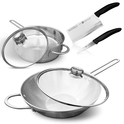 Zwilling TwinNova3 Wokpfanne 30cm + Schmorpfanne 24 cm + 2x Glasdeckel + 2 Küchenmesser, 6 tlg, Wok + Schmor Pfanne Unbeschichtet, Spülmaschinenfest, rutschfester Griff, FÜR ALLE HERDARTEN, Silber