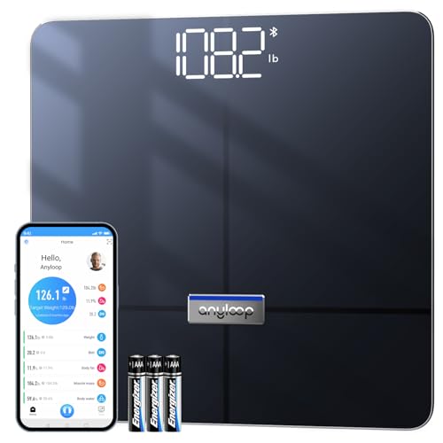anyloop Balance Pese Personne Numérique, impédancemètre professionnelle avec application,avec 14 Données Corporelles (BMI/Graisse Corporelle/BMR/Muscle), 5mm Verre Trempé, Haute Précision à 180kg