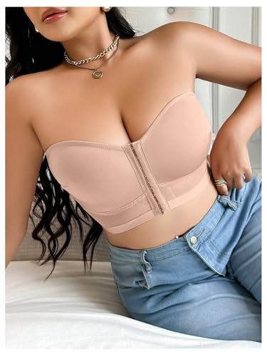 Image of MakeMeChic Women's Plus Size Strapless Bras Front Closure Half Push Up Bra Bandeau Wireless Bralette for Large Bust