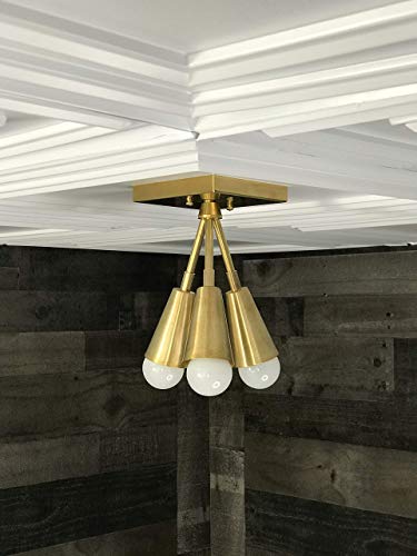 Super Sale 🛒 Hera Modern Chandelier Gold Raw Brass 3 Cone Bulb Mid Century Semi Flush Light