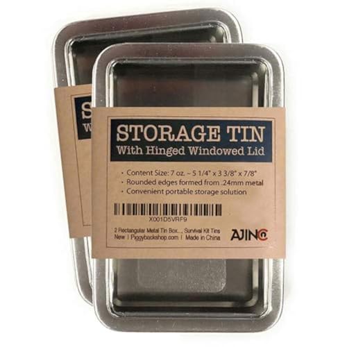 Image of Rectangular Metal Storage Tin Box with Windowed Hinged Lid - Plain Silver Blank Storage Case, Survival Kit Tins 5.5 inch x 3.5 inch (2X)