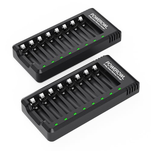 POWEROWL 8 Bay AA AAA Battery Charger 2 Pack, USB High-Speed Charging, Independent Slot, for Ni-MH Ni-CD Rechargeable Batteries