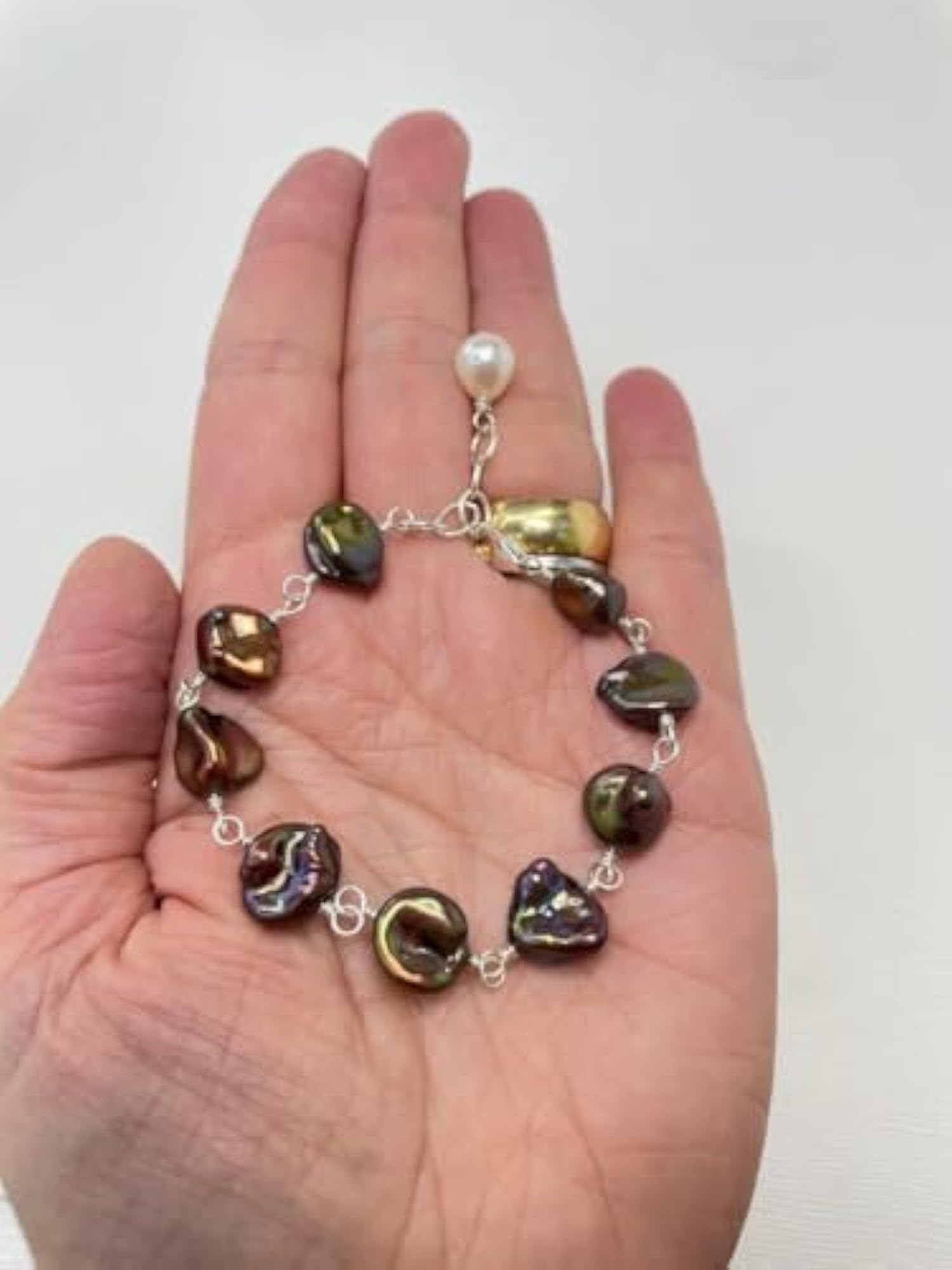 Unisex Peacock Pearl Tumble Beaded Bracelet, Adjustable Link