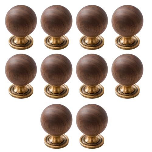 AENZOOY 10 Pack Walnut Wood Sphere 1.18 Inch (30mm) Copper Base Wood Kitchen Pulls Cabinets Furniture Pull for Dresser Wardrobe Cupboard Drawer Knobs