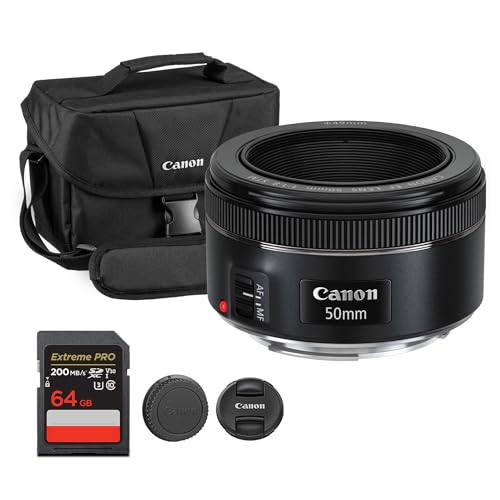 Canon EF 50mm f/1.8 STM Lens | Compact Standard Prime with Bright f/1.8 Aperture & Smooth STM Autofocus | for Portraits, Low-Light, & Everyday Photography (0570C002) + Shoulder Bag + 64GB Card