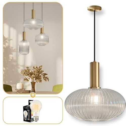 Lumeo creative | Lampadario a sospensione in vetro fumè Cristali | Lampadario vintage per sala da pranzo, ilot da cucina, intrae | lampada da salotto dorato | Lampadario vintage (trasparente, C -