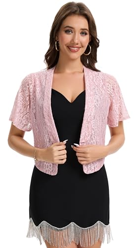 Image of Front Open Shrug for Evening Dresses Lightweight Lace Women Sheer Short Sleeve Tops Wedding Bridal Cardigan (Rose Red,XL)