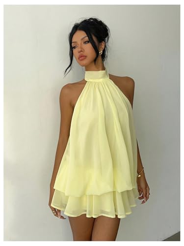 Verdusa Women\'s Chiffon Halter Drop Waist Wedding Guest Dresses Ruffle Summer Mini Dress Brunch Outfits Butter Yellow Small