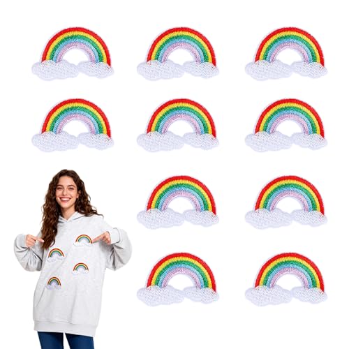 10 Stück Regenbogen Patches zum Aufbügeln, Patch Bügeln Regenbogen mit Wolken-Design für Kleidung, Rucksäcke Accessoires, Bügelpatch für DIY Upcycling, 5,2x3,0 cm
