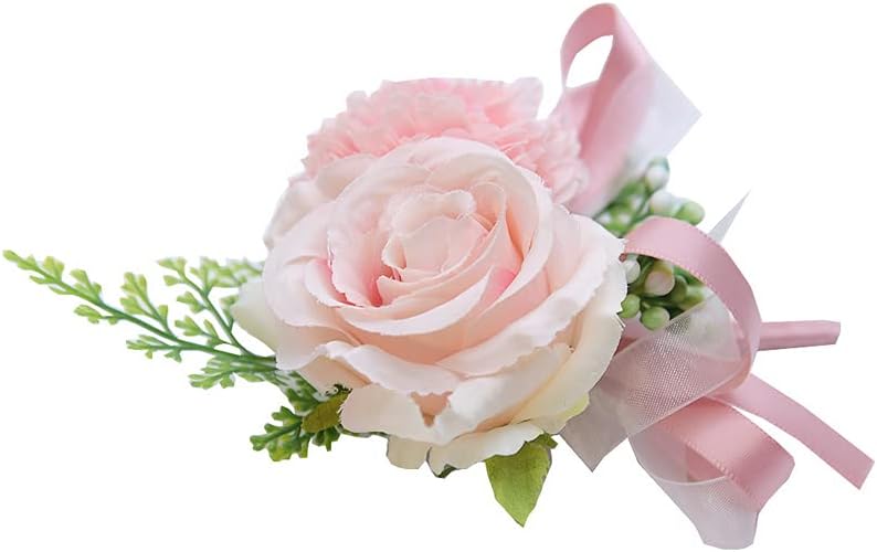 Rikyo 2 Pack Flower Wrist Corsage Boutonniere Set,3" Artificial Rose Carnation Wrist Corsage and Men Boutonniere Set,DIY Silk Flower for Wedding Flowers Accessories Prom Suit Decor (Pink)
