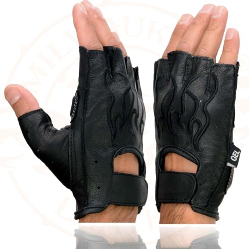 Image of Milwaukee Leather SH198 Men's Black Flame Embroidered Fingerless Gloves with Gel Palm | Padded Comfort; Vibration Relief; Flame Embroidery
