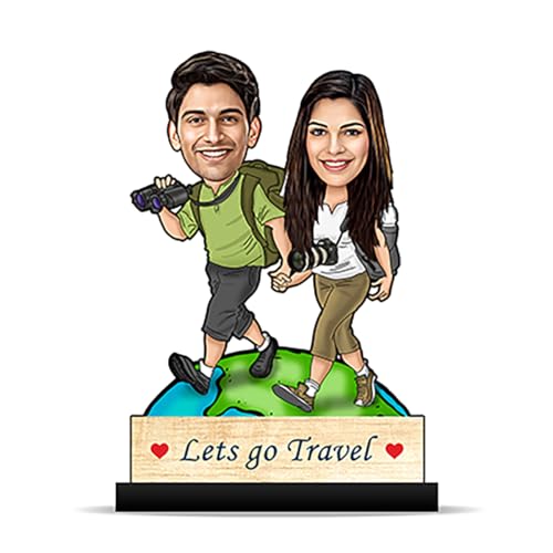 Foto Factory Gifts® Personalized Gift Caricature World Tour Explorer Couple Cutout Standee Customized with Your Photos (Wooden_8 inch, x 5 inch_Multicolour) CA0145