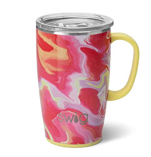 Swig Life 18oz Insulated Coffee Mug with Handle & Lid, Cup Holder Friendly, Dishwasher Safe, Stainless Steel Travel Mugs Insulated for Hot and Cold Drinks (Pink Lemonade)