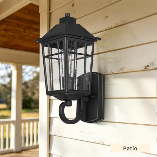 Image of JYZ Outdoor Porch Light Wall Mount, 15 inch Exterior Wall Lighting Fixtures with Seeded Glass Shade, Anti-Rust Matte Black Outdoor Wall Sconce, E26 Base Outside Lantern for Front Door, Patio, Garage