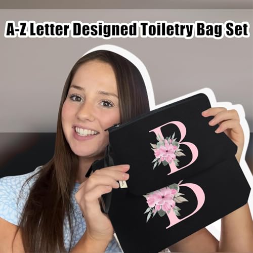 Image of Vavabox A-Z Personalized Makeup Bag, Birthday Gifts for Women Mom, Gifts for Best Friend, Bride Bridesmaid Cosmetic bag (B, 04-Black Set)