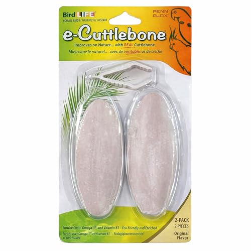 Penn-Plax Bird-Life E-Cuttlebone Original 1 Pk (2 Counts) - Durable Less Brittle Cuttlebones Enriched with Omega 3 Honey & Vitamin B1 - Easy Mounting Cage Clip - Great for All Bird Sizes - White