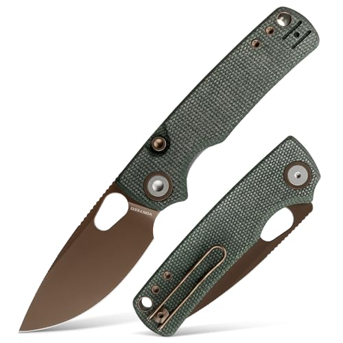 Vosteed Porcupine EDC Pocket Knife - 2.99 14C28N Copper Dune Blade - Top Liner Lock Green Micarta Handle - Camping Hiking Knives - A2609