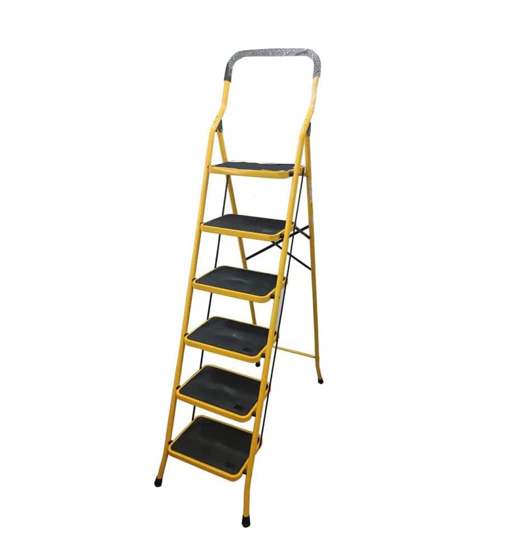 Ladder, 6 Step Foldable Ladder, Folding Step Stool with Wide Anti-Slip Pedal, Household Steps Sturdy, Steel Ladder, Convenient Handgrip, Portable Steel Step Stool (6 Steps, Yellow)