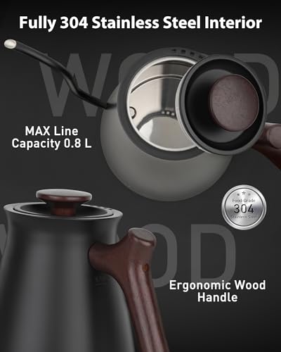 Image of Harriet Gooseneck Electric Kettle - 1200W Fast Heat, 0.8L Stainless Steel, Precision Temp Control & Timer, Wood Handle, Pour Over Coffee and Tea, Black