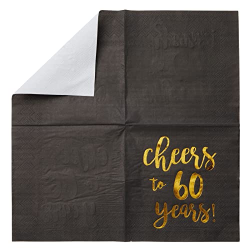 BLUE PANDA Cheers to 60 Years Cocktail Napkins - 60th Birthday Party Napkins - Gold Foil 60th Anniversary Decor - Party Supply Essential - Pack of 50, 3-Ply, 5 x 5 in, Black & Gold