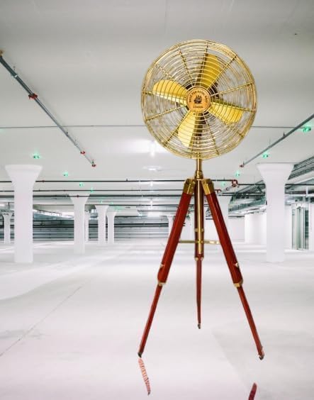 Vintage Style Electric Pedestal Fan, Handmade Brass with Wooden Adjustable Tripod Stand, Antique Retro Design, Corded Power, Functional Home Decor Collectible