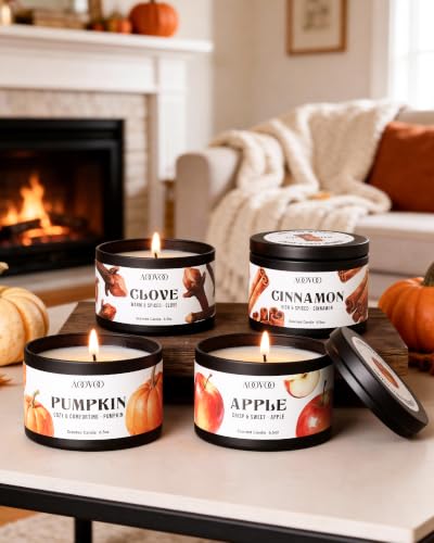 Image of AOOVOO Fall Candle Set - 4 Pack Scented Candles for Home, 26oz up to 200 Hours Long Lasting, Pumpkin /Apple Cinnamon /Clove Cinnamon /Cinnamon Candles Gift Autumn Fragrance Decor