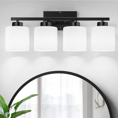 Capaaobc 4 Light Bathroom Light Fixtures, Matte Black Vanity Lights Over Mirror for Bathroom, Modern Bathroom Vanity Light with Milky White Glass Shades, Anti-Rust E26 Base Lighting Fixtures by Capaaobc - Used condition - CA$66.89