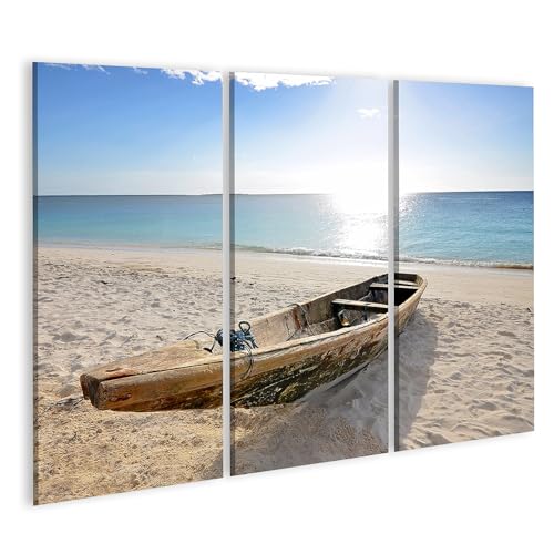 Tableau sur toile bateau plage islandburner salon déco triptyque en 3 pièces pour s'évader