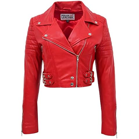 Womens Real Leather Biker Style Jacket Short Cropped Length Demi (12, Red) Cover